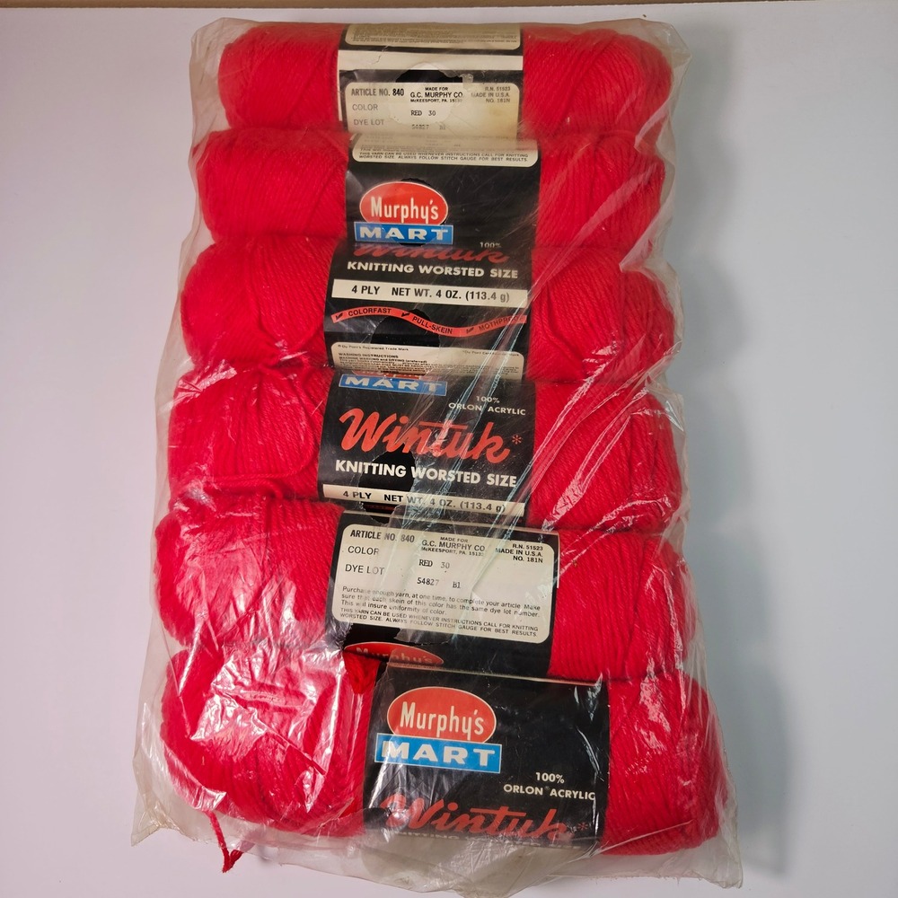 Vtg Murphy's Mart Wintuk Yarn Red 30 4 Ply Worsted Orlon Acrylic 5 Skeins NOS